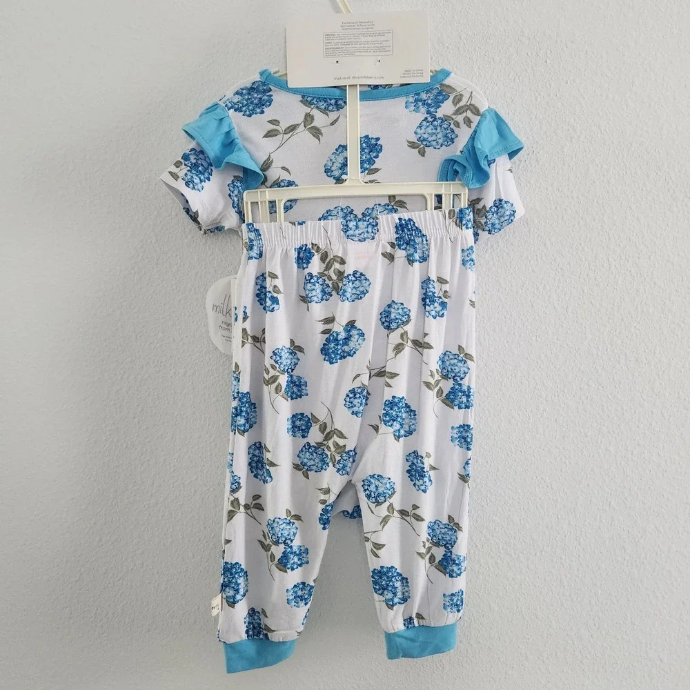 Milkberry Baby Girls 6-9M Blue Hydrangea Bamboo 3 Piece Bodysuit Legging Set NWT